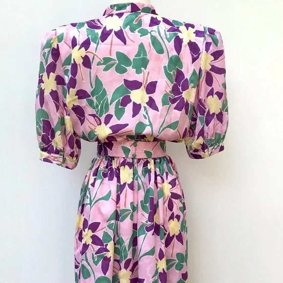 Vintage 80’s pink abstract orchid floral secretary dress - Picture 8 of 9